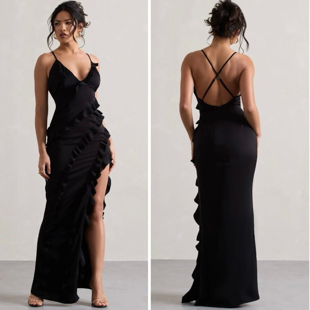 NWT Club L London Run The World Ruffle Maxi Dress In Black